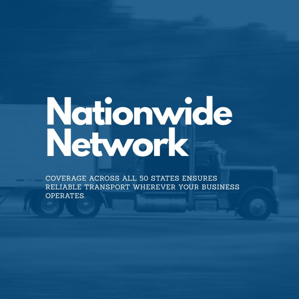 An illustrative marketing graphic with a dark blue color overlay featuring a motion-blurred semi-truck traveling on a highway. Bold white text at the top reads "Nationwide Network." Smaller white text below states, "Coverage across all 50 states ensures reliable transport wherever your business operates."